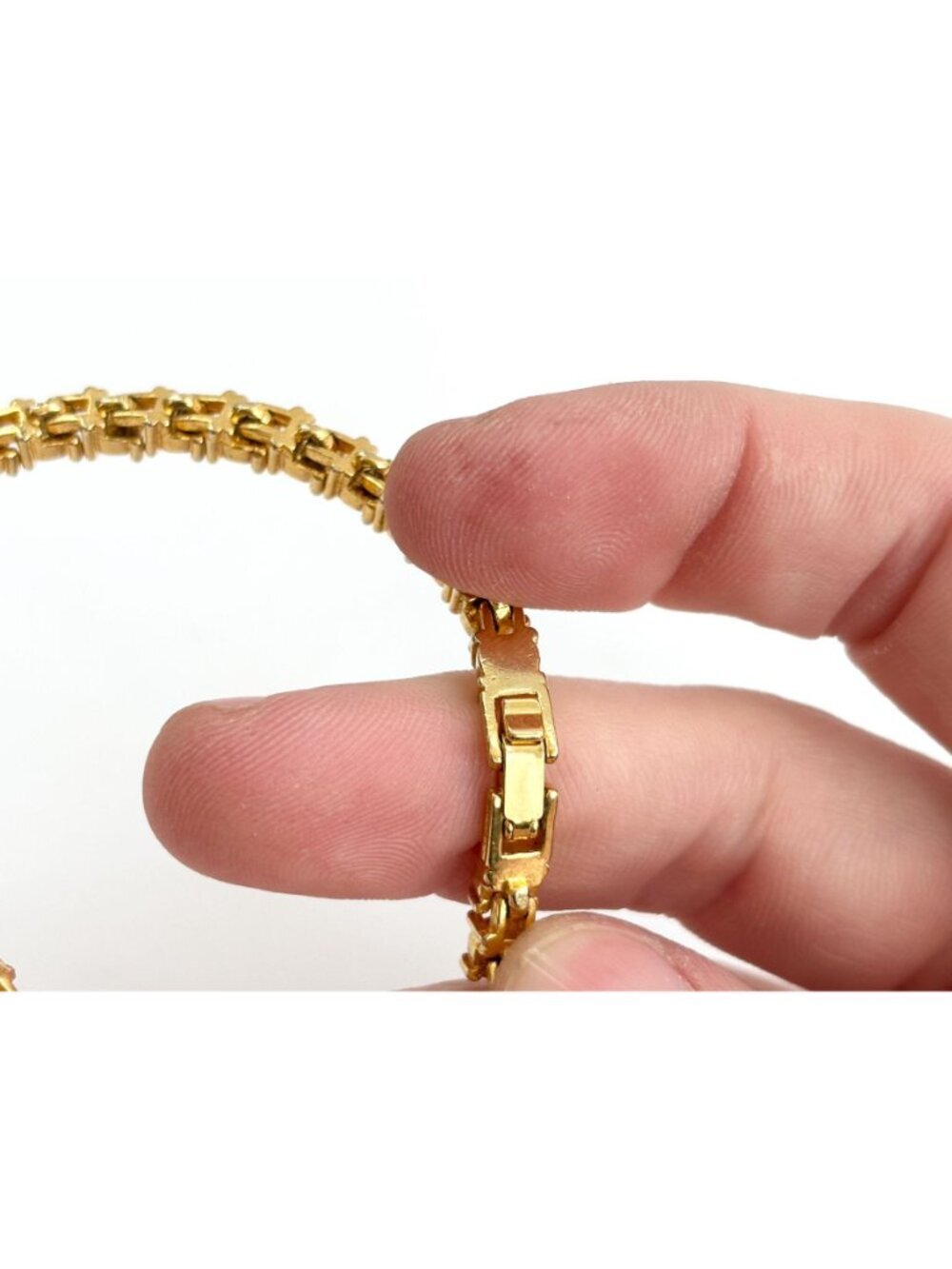 Chainlink Gold Toned Clear Rhinestoned Vintage Minimalist Tennis Bracelet - Picture 12 of 15